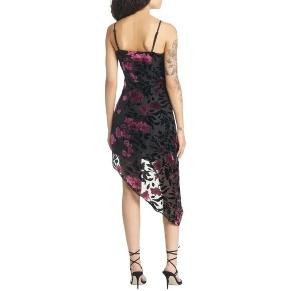 Lulus Evenings with You Black Floral Velvet Asymmetrical Dress